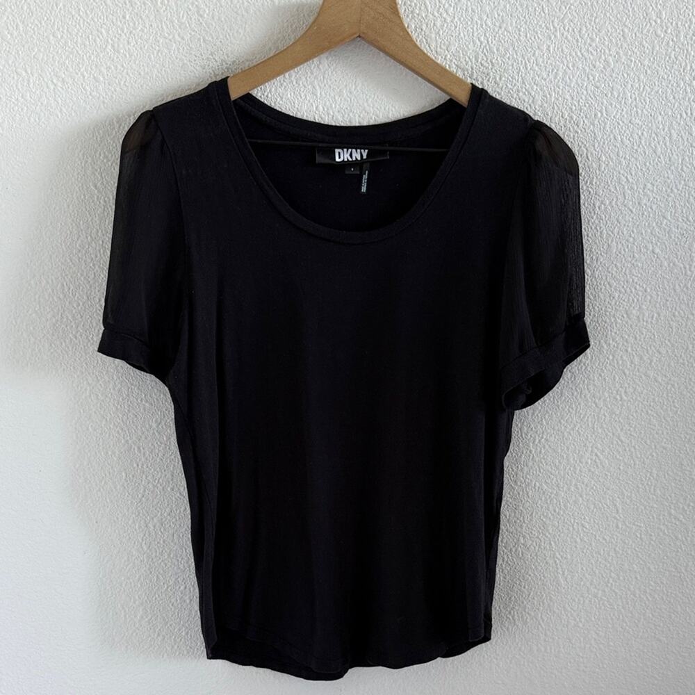 DKNY Elevated Black Short Sleeve Top with Semi Sheer Puff Sleeve Small